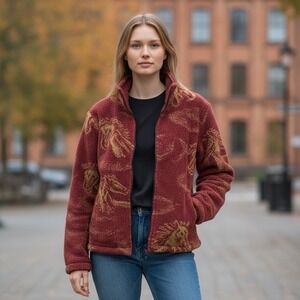 Bear Ridge Outfitters Jacket Womens Small Red Horse‎ Animal Vintage Fleece 90s